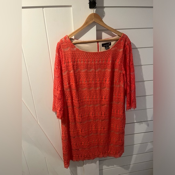Laura Plus Coral Overlay Shear Lace shift dress with 3/4 length Boho fringe - Picture 2 of 12